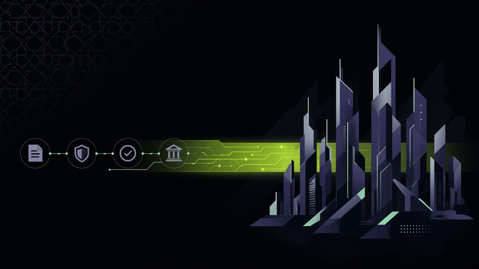 Editorial illustration on a dark background: government-service icons connected by a lime-green layer to a Gulf city skyline.